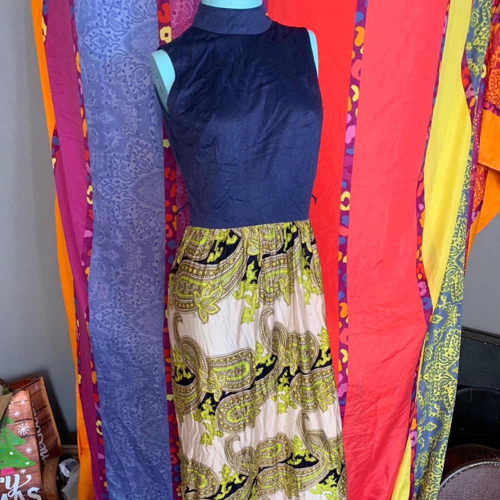 Vintage 1960’s Joan Curtis designer bright lime green and denim dress 4